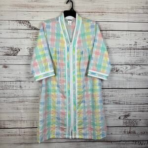 Womens VTG National Pastel Seersucker Plaid Zip Front House Coat Robe Granny L